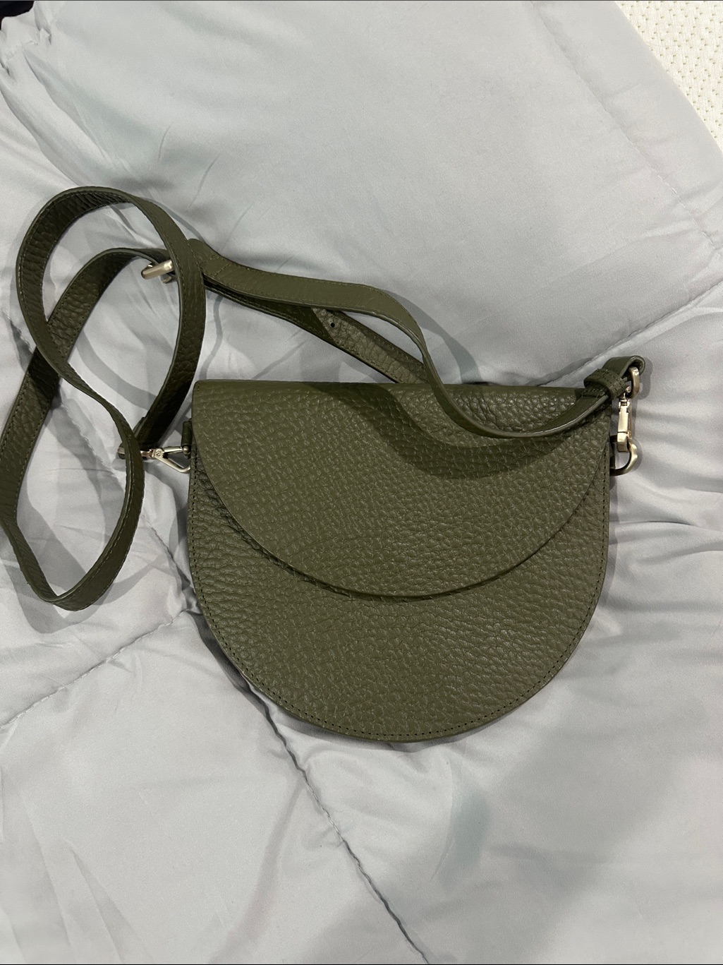 Olive Green Pebbled Leather Half-Moon Crossbody Bag